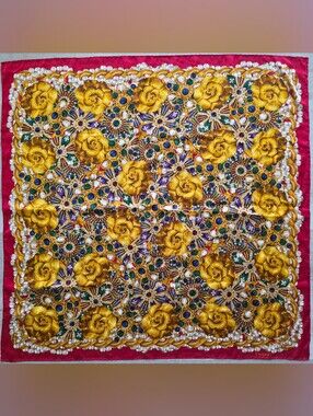Auth Chanel Camellia And Jeweled Floral Silk Scarf with Gold Roses